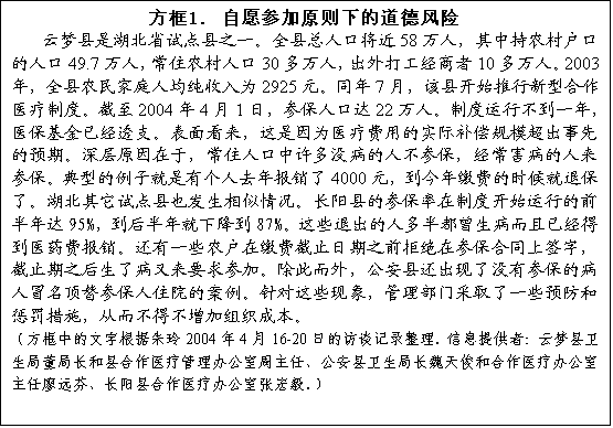 文本框: 方框1. 自愿参加原则下的道德风险云梦县是湖北省试点县之一。全县总人口将近58万人，其中持农村户口的人口49.7万人，常住农村人口30多万人，出外打工经商者10多万人。2003年，全县农民家庭人均纯收入为2925元。同年7月，该县开始推行新型合作医疗制度。截至2004年4月1日，参保人口达22万人。制度运行不到一年，医保基金已经透支。表面看来，这是因为医疗费用的实际补偿规模超出事先的预期。深层原因在于，常住人口中许多没病的人不参保，经常害病的人来参保。典型的例子就是有个人去年报销了4000元，到今年缴费的时候就退保了。湖北其它试点县也发生相似情况。长阳县的参保率在制度开始运行的前半年达95%，到后半年就下降到87%。这些退出的人多半都曾生病而且已经得到医药费报销。还有一些农户在缴费截止日期之前拒绝在参保合同上签字，截止期之后生了病又来要求参加。除此而外，公安县还出现了没有参保的病人冒名顶替参保人住院的案例。针对这些现象，管理部门采取了一些预防和惩罚措施，从而不得不增加组织成本。（方框中的文字根据朱玲2004年4月16-20日的访谈记录整理。信息提供者：云梦县卫生局董局长和县合作医疗管理办公室周主任、公安县卫生局长魏天俊和合作医疗办公室主任廖远芬、长阳县合作医疗办公室张宏毅。）